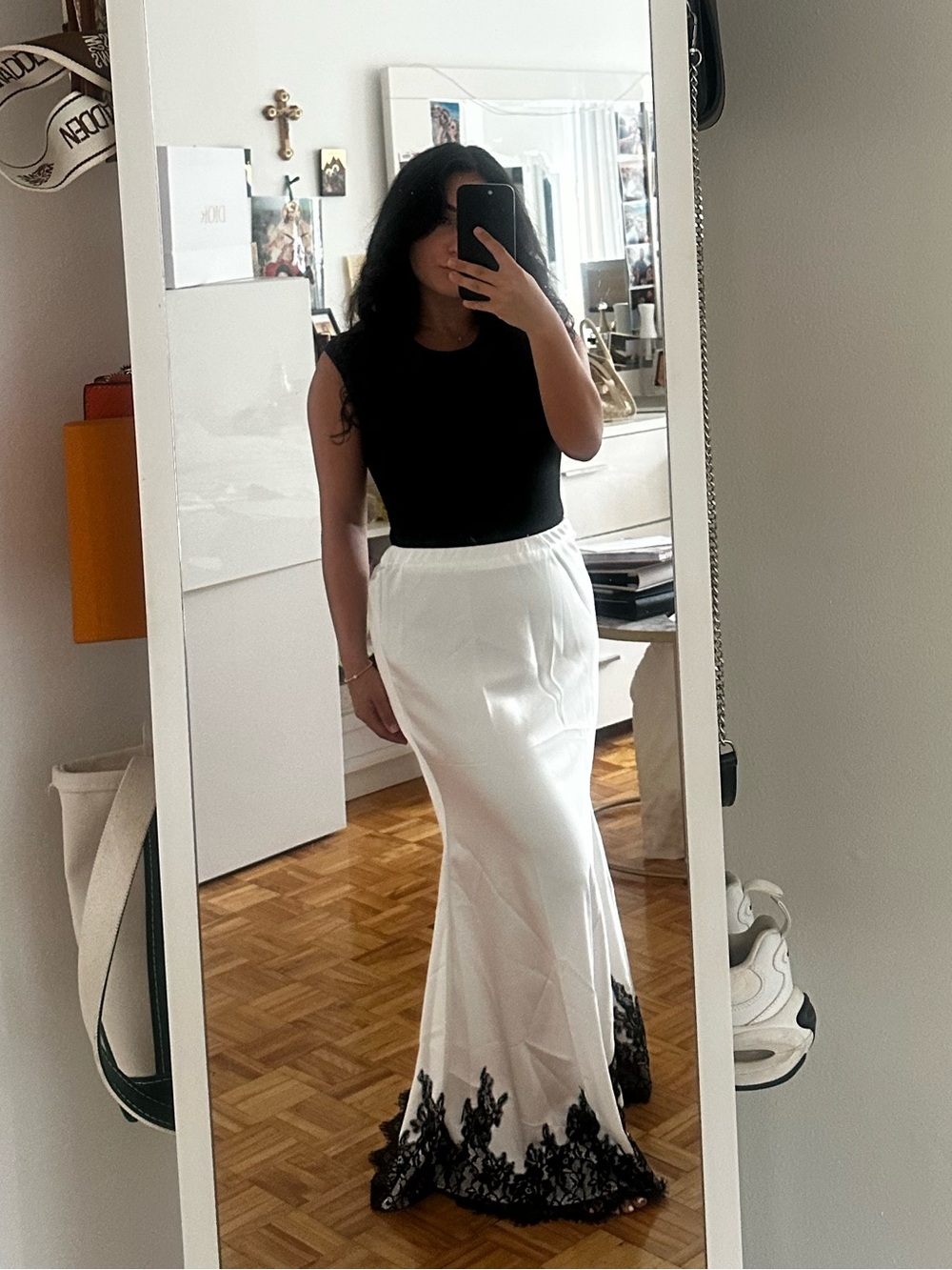 Women's White Maxi Skirt with Black Lace Hem